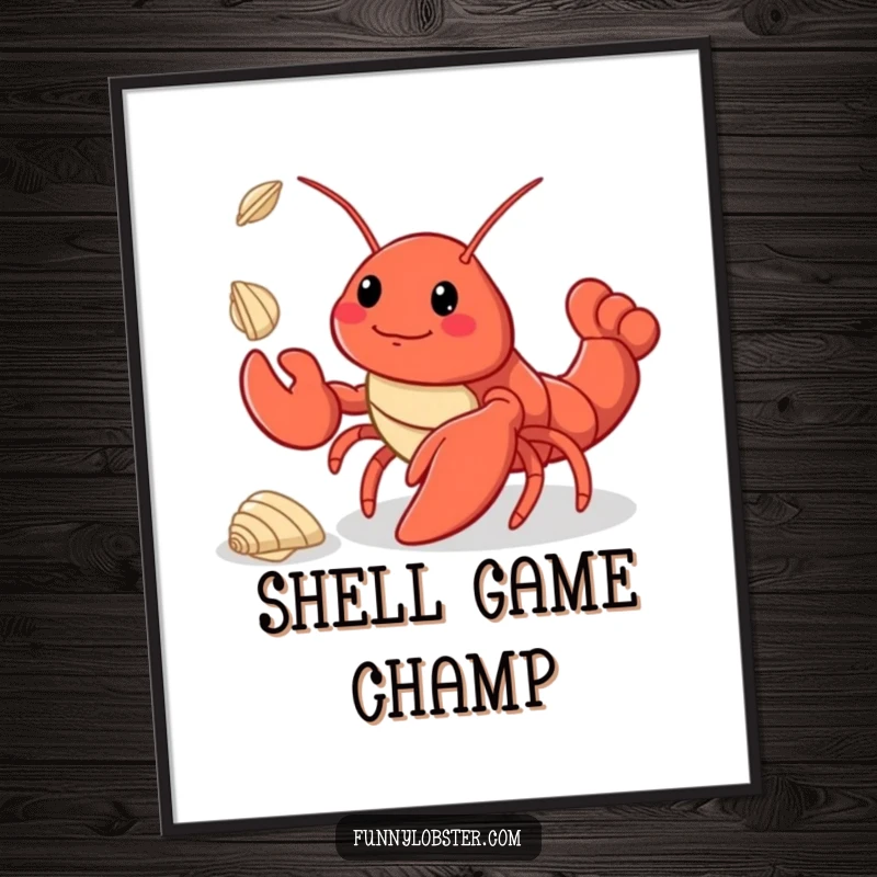 Funny kawaii lobster charmingly juggling three small seashells, creating a captivating and humorous piece of wall art.