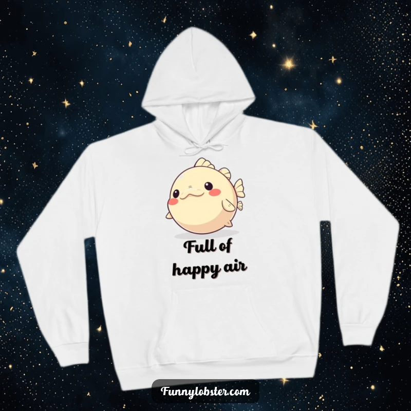 Funny Kawaii Pufferfish Hoodie playfully inflating and deflating with glee, perfect for cozy and humorous wear.