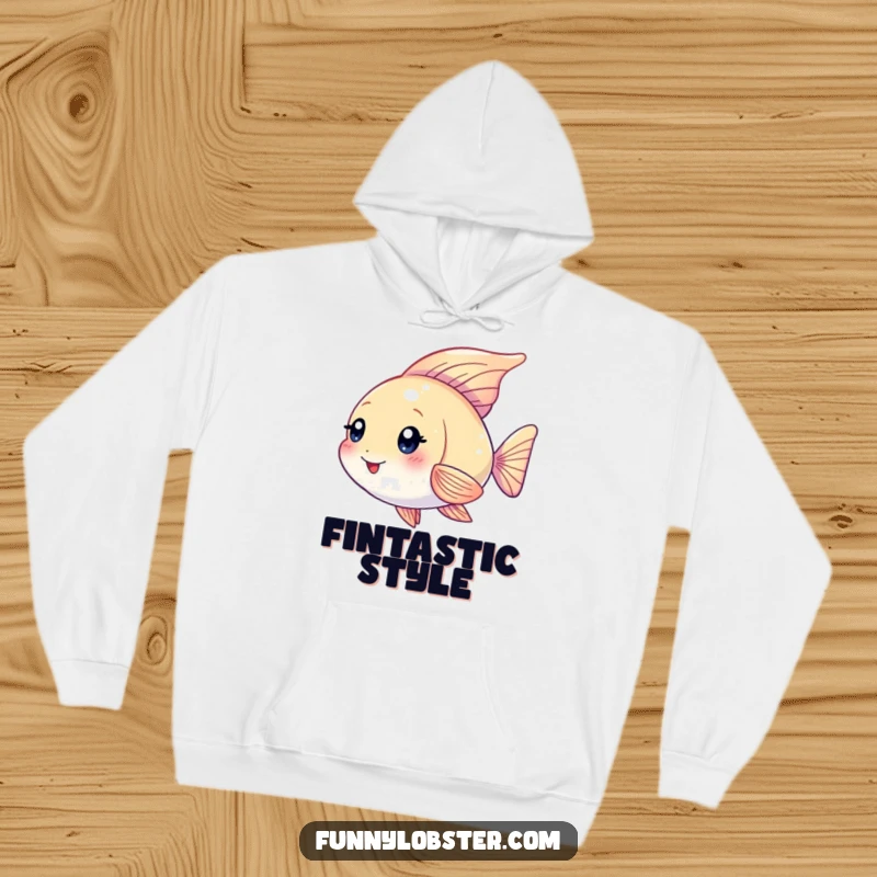 Funny Kawaii angelfish character with shimmering fins fluttering playfully, a cozy and humorous hoodie.