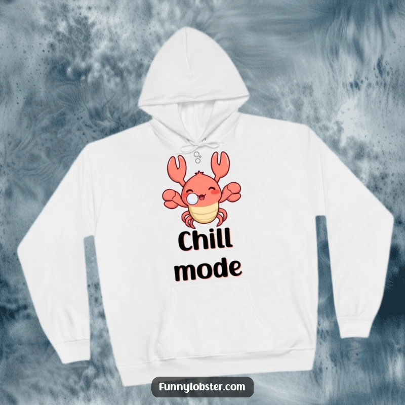 Funny kawaii lobster blowing a bubble with a happy sigh, featured on a warm and cozy hoodie for ultimate relaxation.