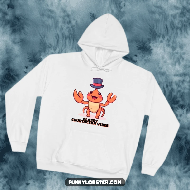 Funny kawaii lobster in a tiny top hat, ready for a party, this hoodie offers cozy, humorous, and stylish vibes.