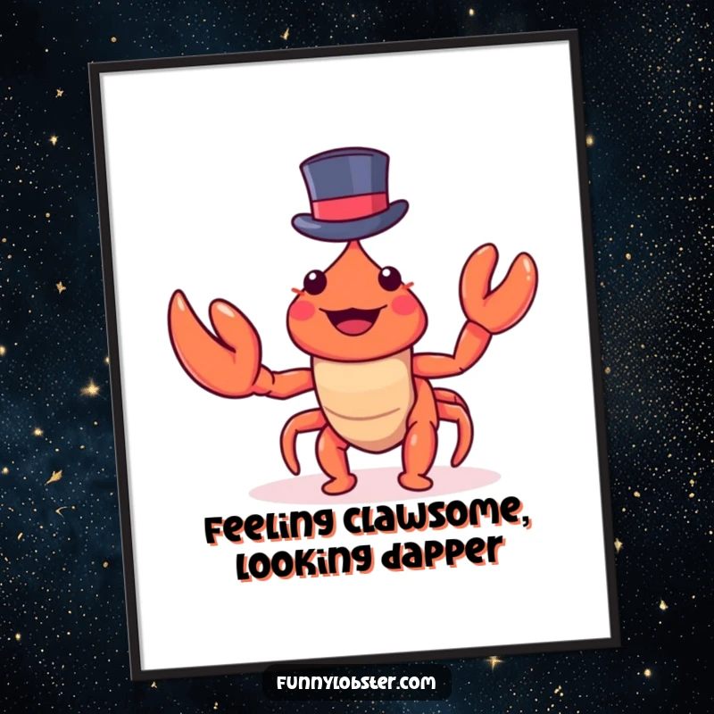 Funny Free Printable Wall Art: A stylish kawaii lobster wears a tiny top hat and waves a claw.