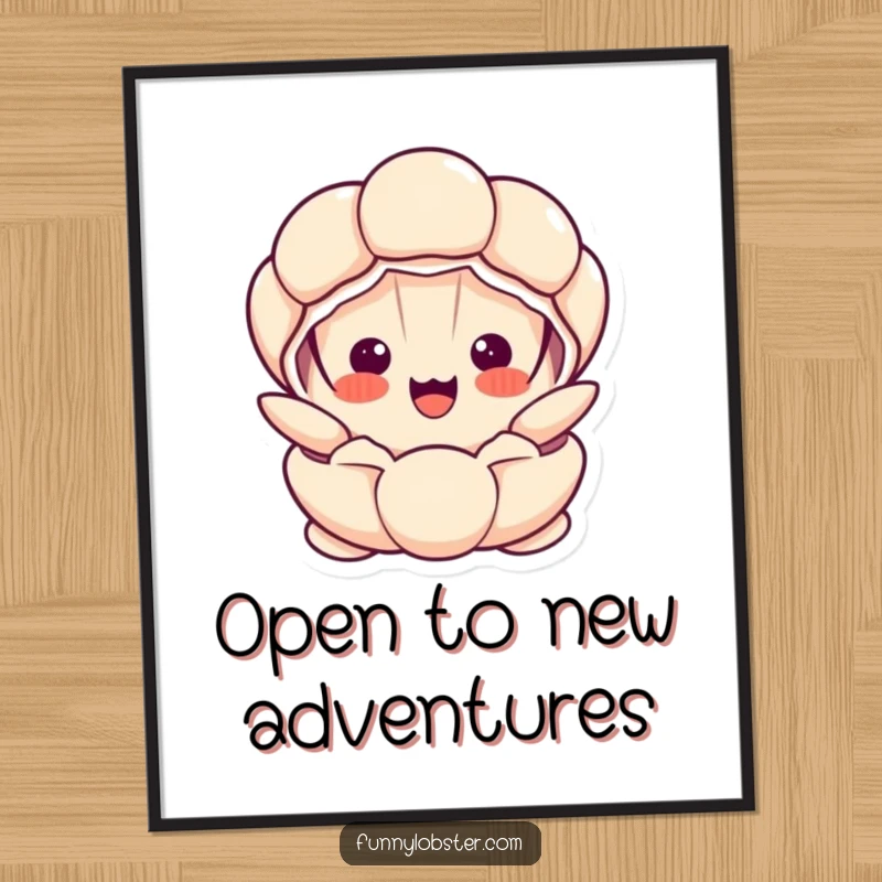Funny Free Printable Wall Art: A kawaii clam character bursting open with a shocked and delighted expression, adding humor to decor.