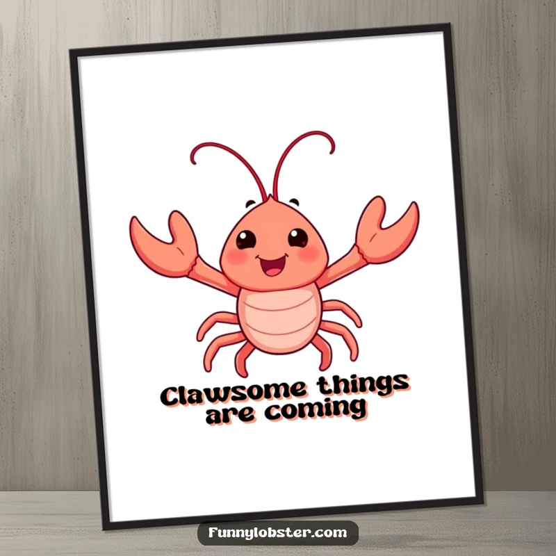 Funny Free Printable Wall Art: A happy lobster character enthusiastically waves its tiny claws, bringing a cheerful ocean vibe.
