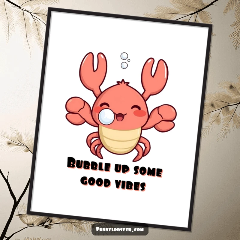 Funny Free Printable Wall Art: A kawaii lobster joyfully blows a large bubble with a relaxed, happy sigh.