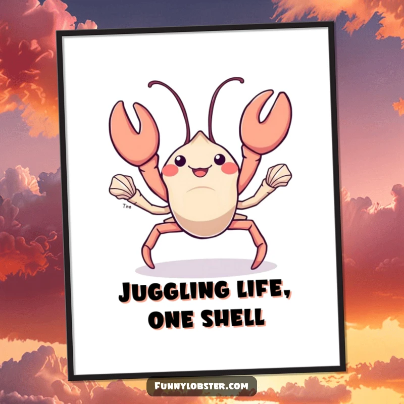 Funny Free Printable Wall Art: A kawaii lobster skillfully juggles small shiny seashells with its nimble claws.