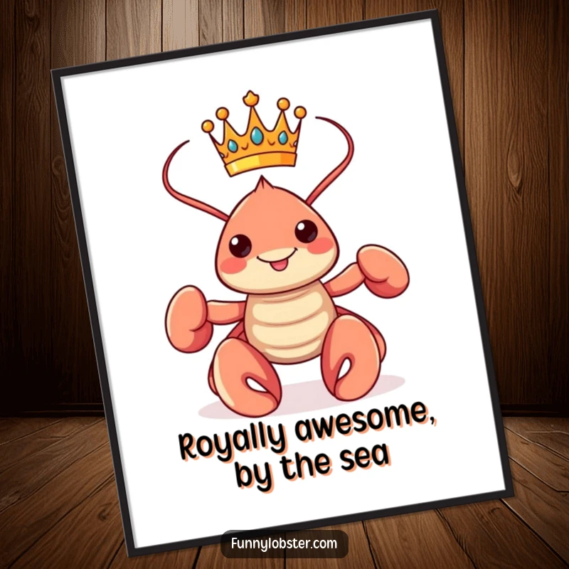 Funny Free Printable Wall Art: A proud kawaii lobster adorned with a tiny crown strikes a magnificent pose.
