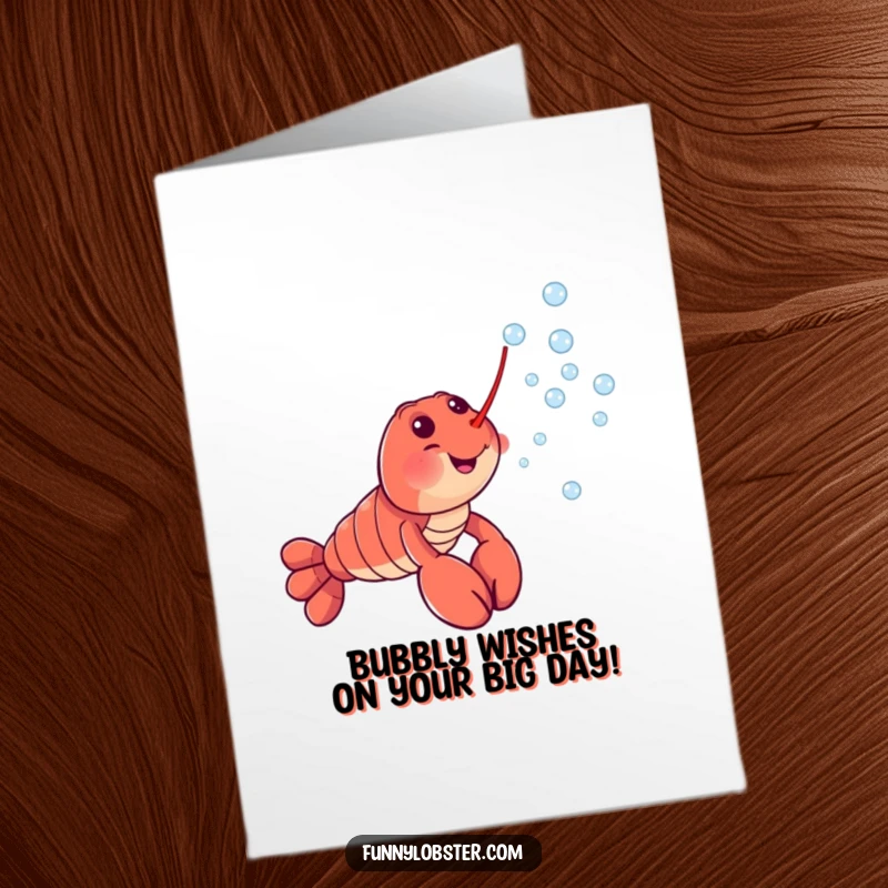Funny Free Printable Birthday Card: Cheerful lobster character blowing a stream of tiny bubbles, spreading joy and laughter.