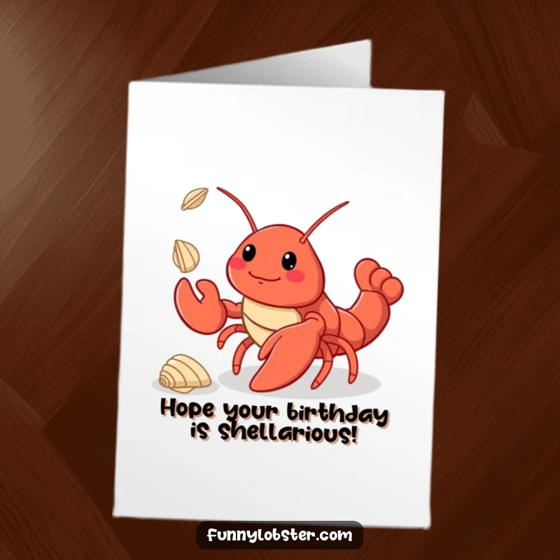 Funny Free Printable Birthday Card: A kawaii lobster charmingly juggles three small seashells with skill.