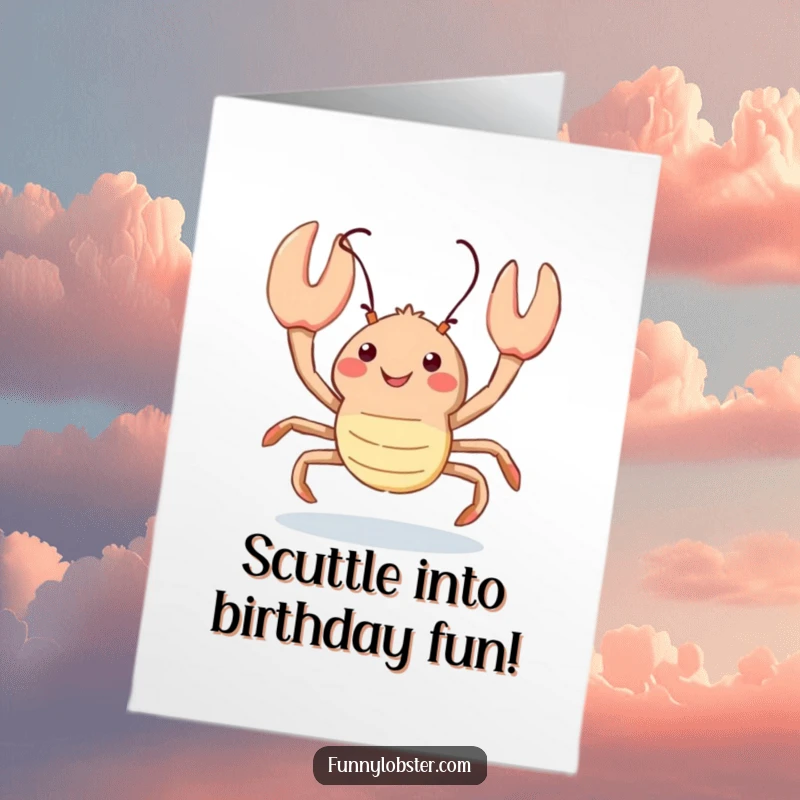 Funny Free Printable Birthday Card: A kawaii lobster does a playful scuttle with a happy, upward glance.