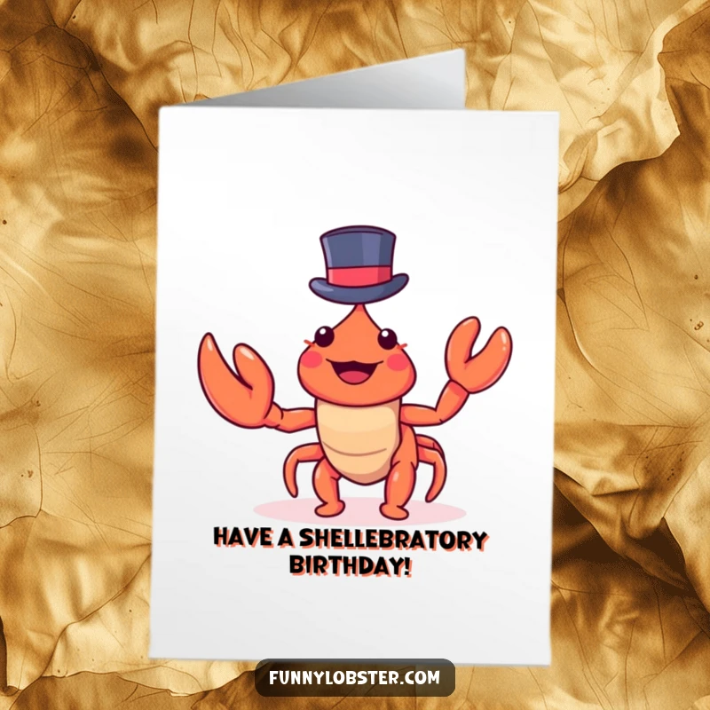 Funny Free Printable Birthday Card: A kawaii lobster excitedly waves a claw while balancing a tiny top hat.