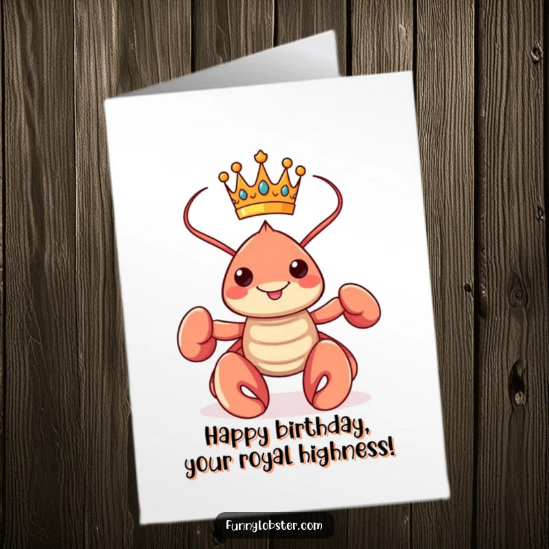 Funny Free Printable Birthday Card: A proud kawaii lobster wearing a tiny crown strikes a regal pose.