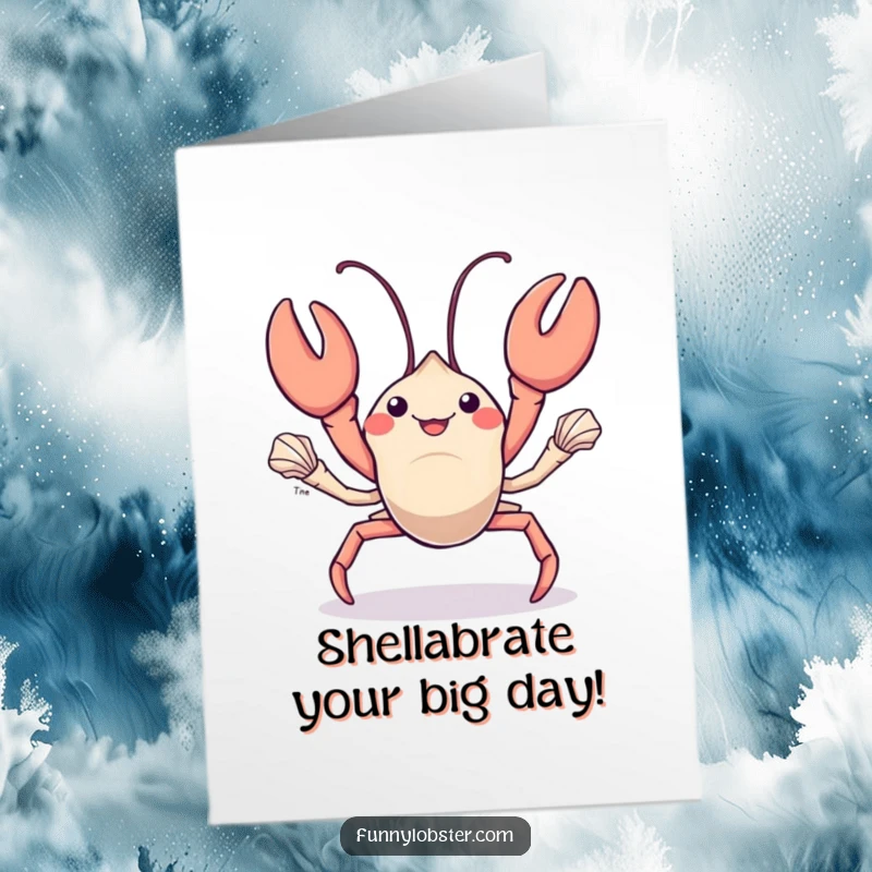 Funny Free Printable Birthday Card: A kawaii lobster expertly juggles small shiny seashells with its claws.