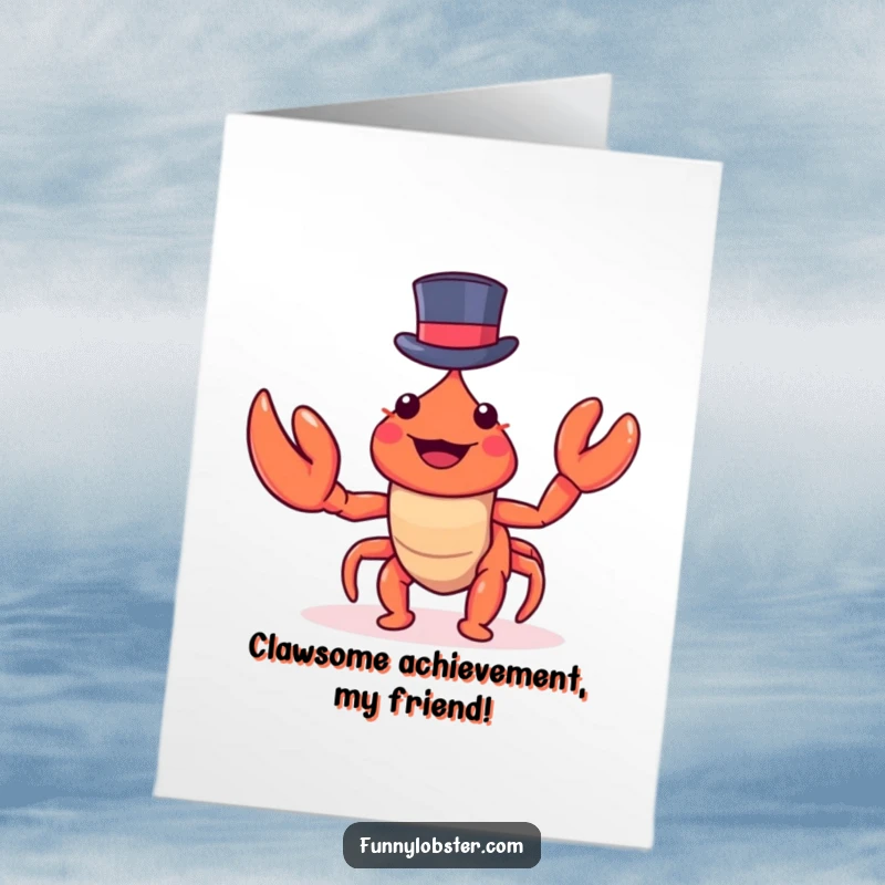 Funny Free Printable Congrats Card: A kawaii lobster waves a claw, wearing a tiny top hat in celebration.