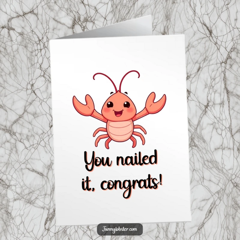 Funny Free Printable Congratulations Card: A happy lobster character waves enthusiastically, celebrating a wonderful achievement.
