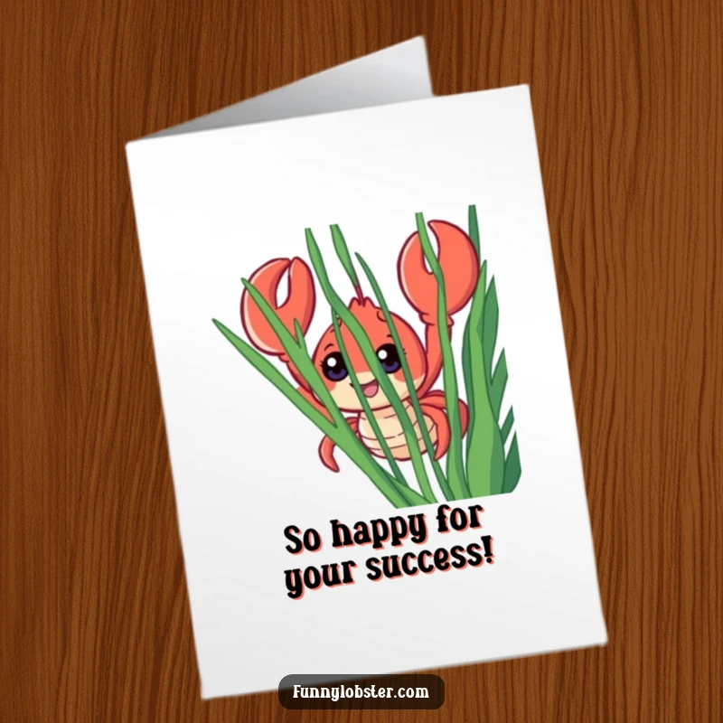 Funny Free Printable Congratulations Card: Smiling lobster character with wide eyes, peeking from seaweed, celebrating success.