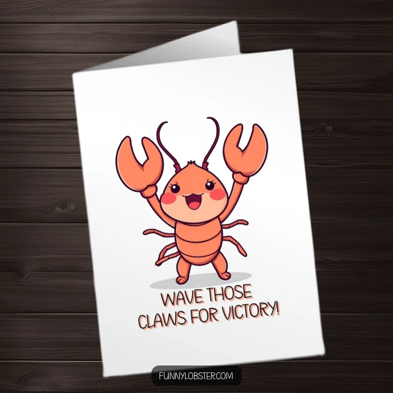 Funny Free Printable Congrats Card: A kawaii lobster gleefully performs an energetic claw-waving dance to celebrate.