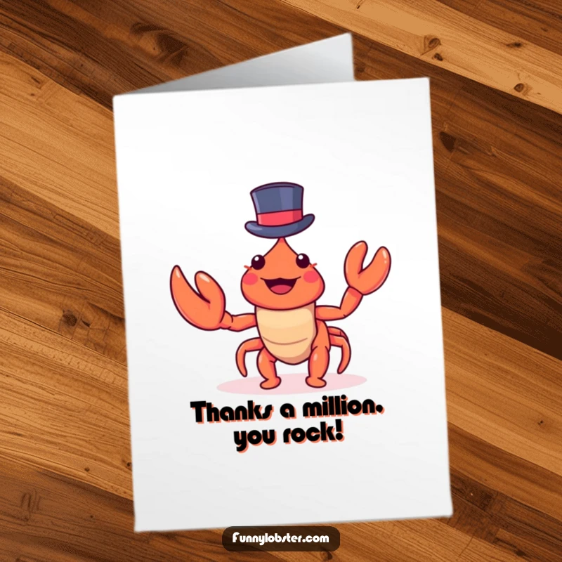 Funny Free Printable Thank You Card: A kawaii lobster in a top hat waves a claw, saying thanks.
