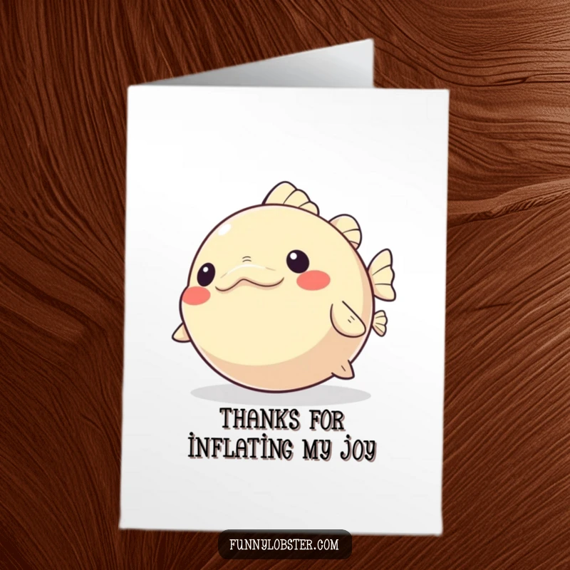 Funny Free Printable Pufferfish Thank You Card: A kawaii pufferfish inflates playfully with glee, a cute way to say thanks.