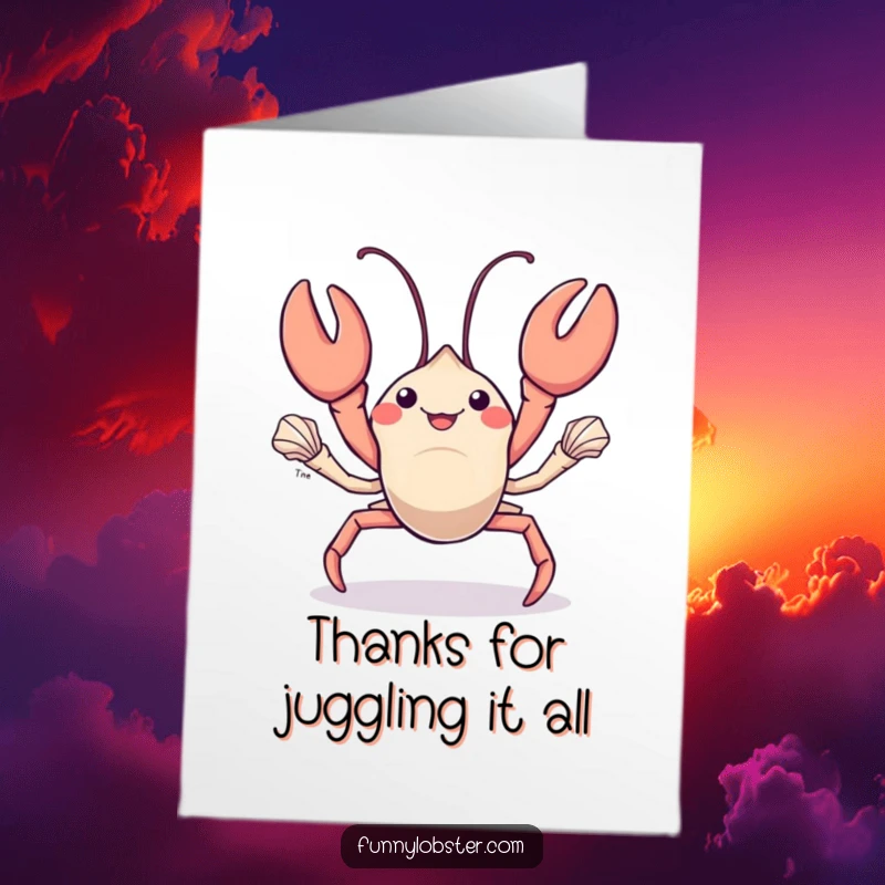 Funny Free Printable Thank You Card: A kawaii lobster juggles seashells, expressing thanks with flair.