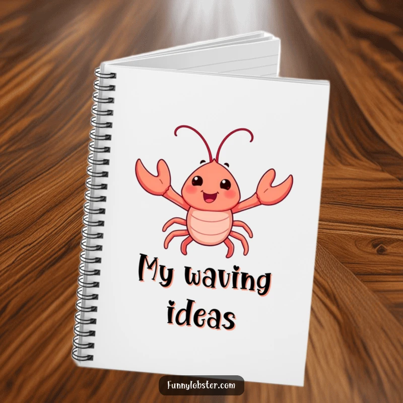 Funny notebook with a happy lobster character waving its tiny claws enthusiastically, inspiring cheerful creativity for note-taking.