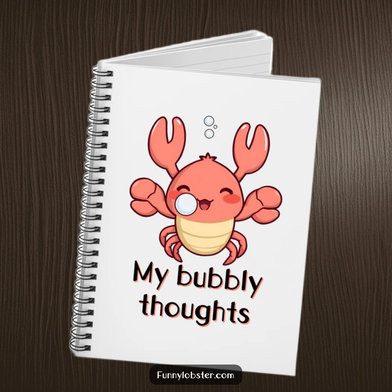 Funny kawaii lobster blowing a bubble with a happy sigh, featured on a notebook cover for calm reflection.