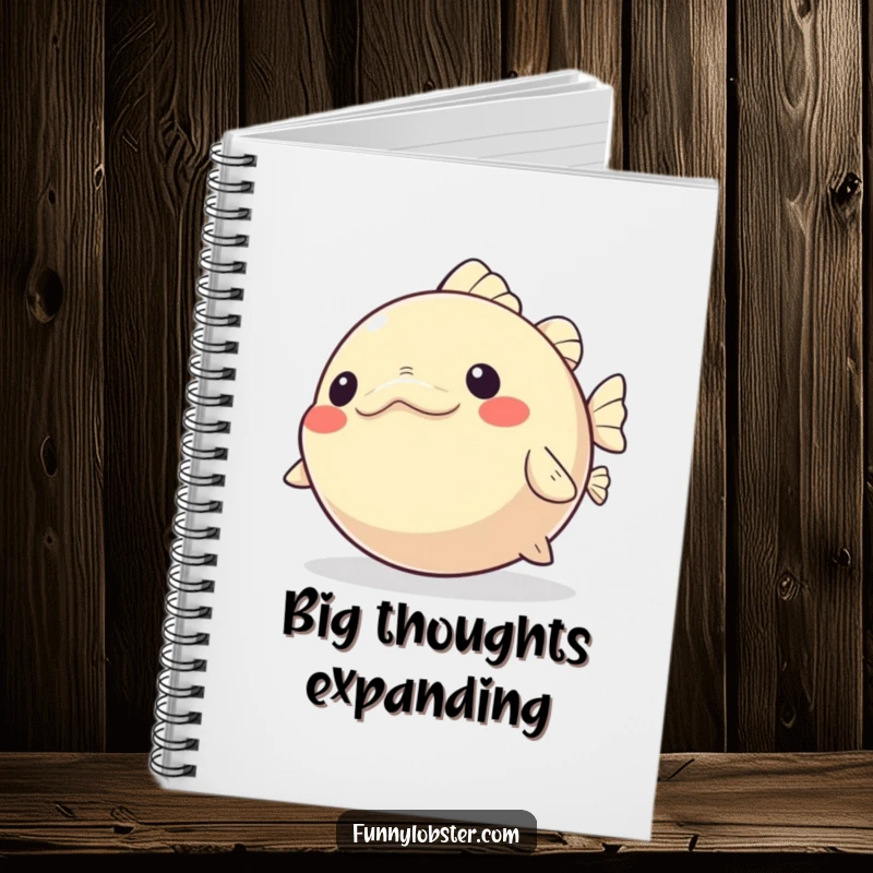 Funny Kawaii Pufferfish Notebook playfully inflating and deflating with glee, perfect for writing happy thoughts.
