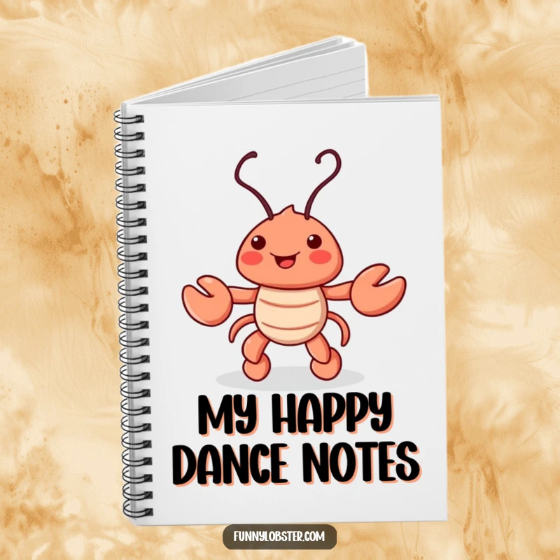 Funny notebook cover featuring a playful lobster character doing a lively jig, its antennae wiggling, inspiring creative thoughts.