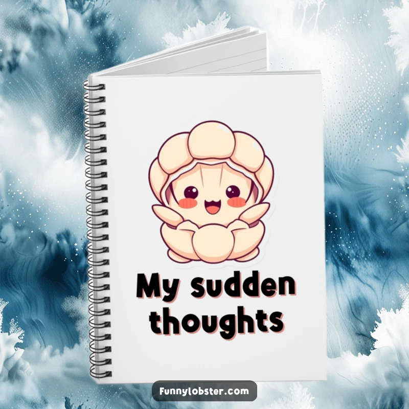 Funny Kawaii clam character popping open with a surprised, happy face, perfect for jotting down humorous notes.