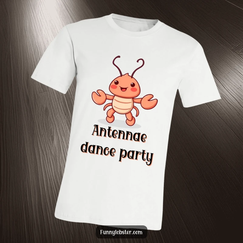 Funny t-shirt with a playful lobster character enthusiastically performing a jig, its antennae bobbing joyfully to an unseen beat.