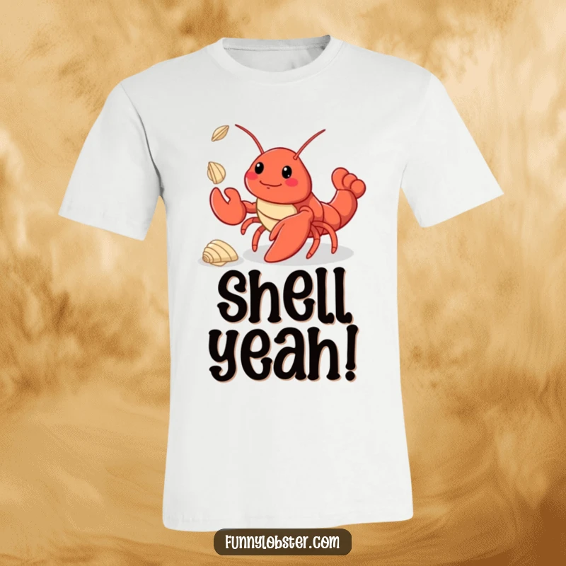 Funny kawaii lobster charmingly juggling three tiny seashells, depicted on a comfortable t-shirt with a joyful look.
