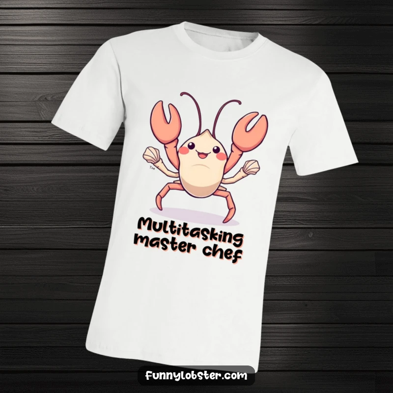 Funny kawaii lobster juggles shiny seashells with its claws, showcasing impressive and humorous dexterity in this t-shirt design.