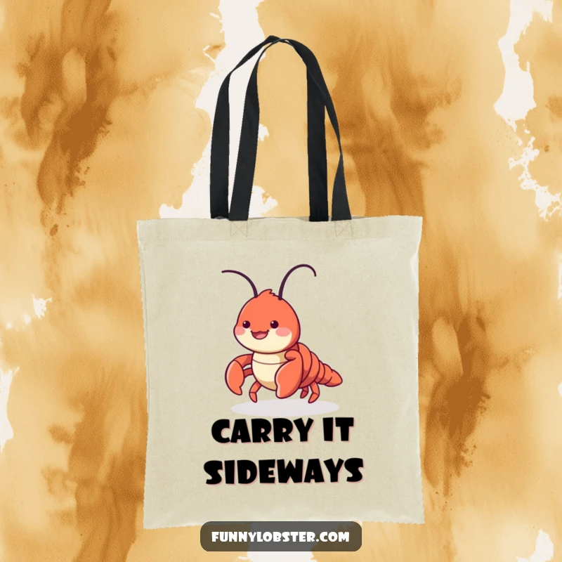 Funny tote bag featuring a cute lobster character playfully scuttling sideways with a smile, perfect for beach trips or market runs.