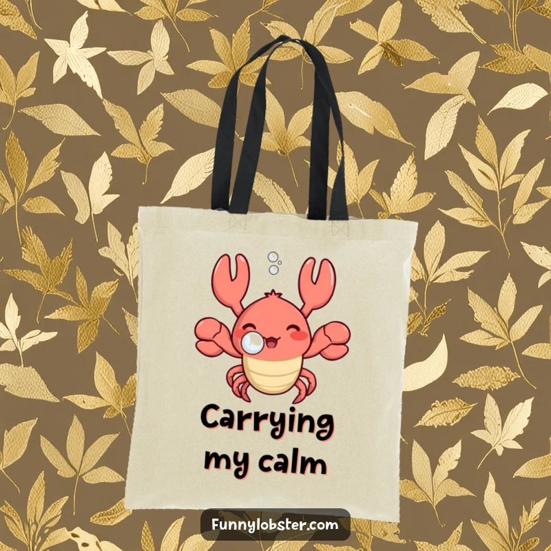 Funny kawaii lobster blowing a big bubble with a contented sigh, printed on a durable tote bag for everyday calm.