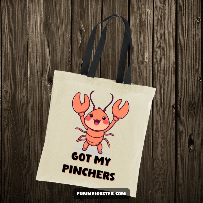 Funny kawaii lobster energetically dancing and waving claws, printed on a durable tote bag for everyday use.