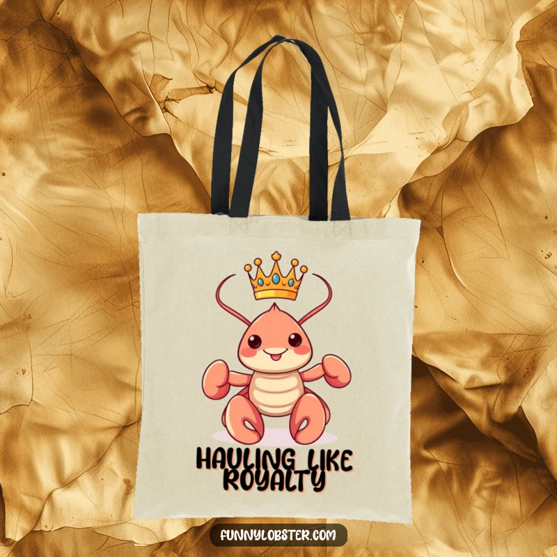 Funny kawaii lobster wearing a small crown and posing proudly, printed on a durable tote bag for regal flair.