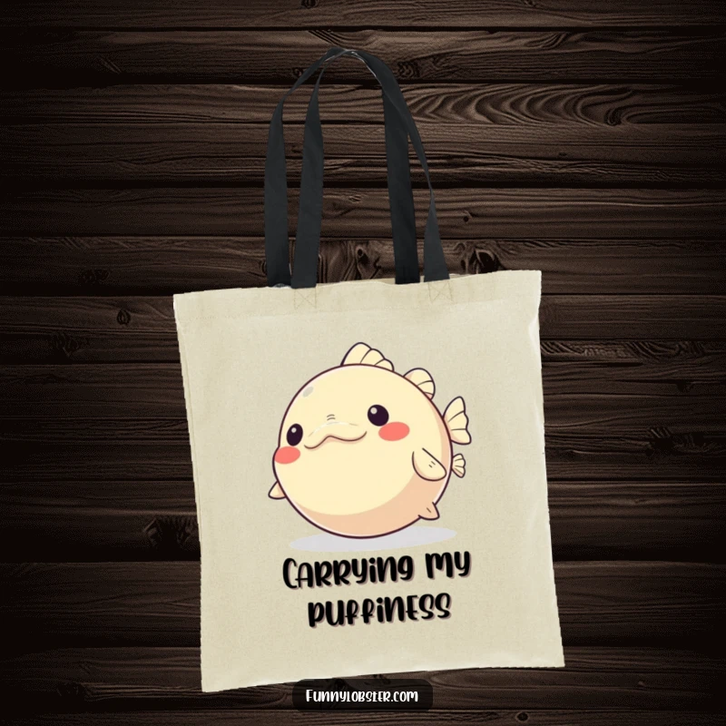 Funny Kawaii Pufferfish Tote Bag playfully inflating and deflating with glee, a cheerful and humorous accessory.