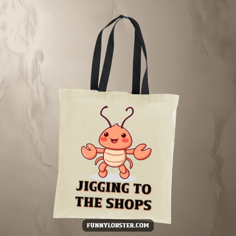 Funny tote bag showcasing a playful lobster character doing a cheerful jig, its antennae wiggling with infectious enthusiasm and rhythm.