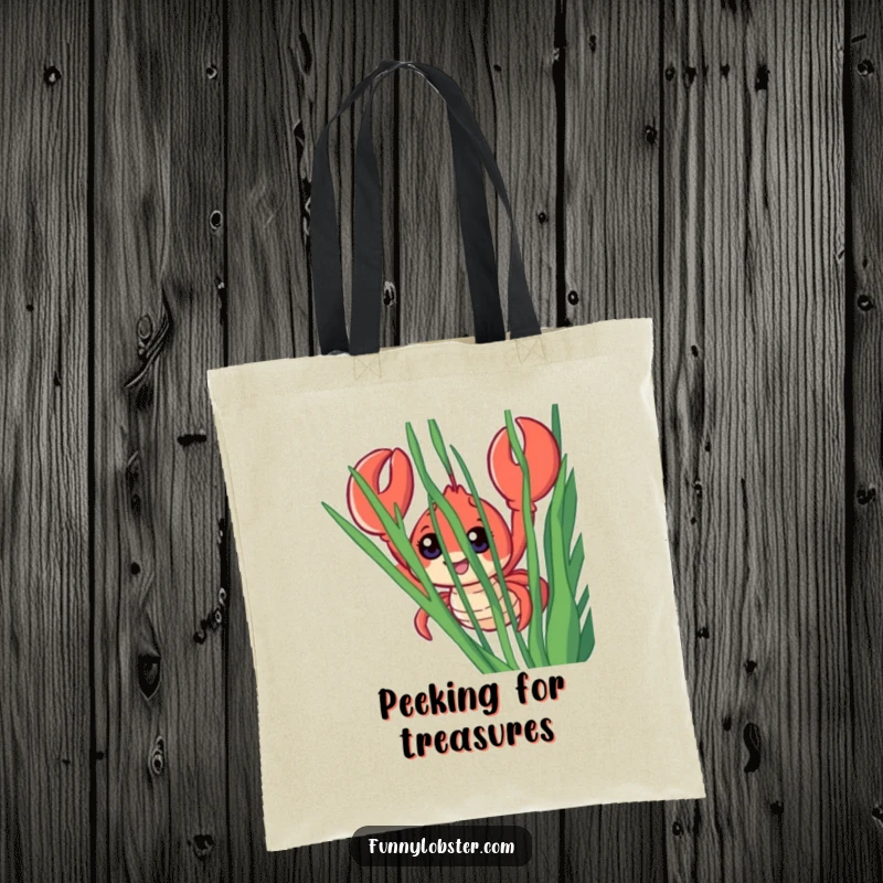 Funny tote bag showcasing a smiling lobster with wide, curious eyes peeking out from a curtain of seaweed, ready to explore.