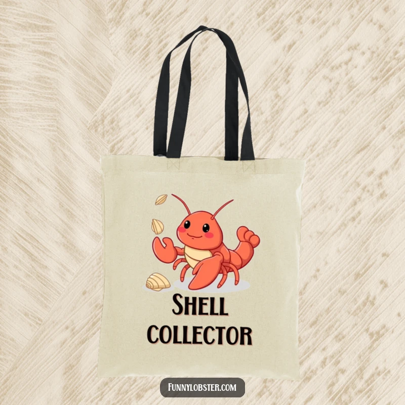 Funny kawaii lobster expertly juggling three tiny seashells, printed on a sturdy tote bag for a stylish carry.